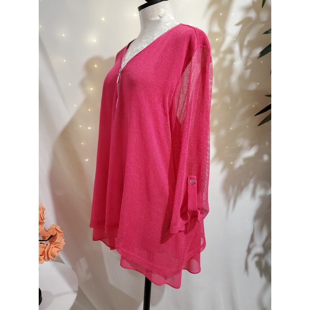 Joseph Ribkoff 1/4 Zip Mesh Overlay Top Plus Size 22 Hot Pink Roll Tab Sleeve - Picture 4 of 9